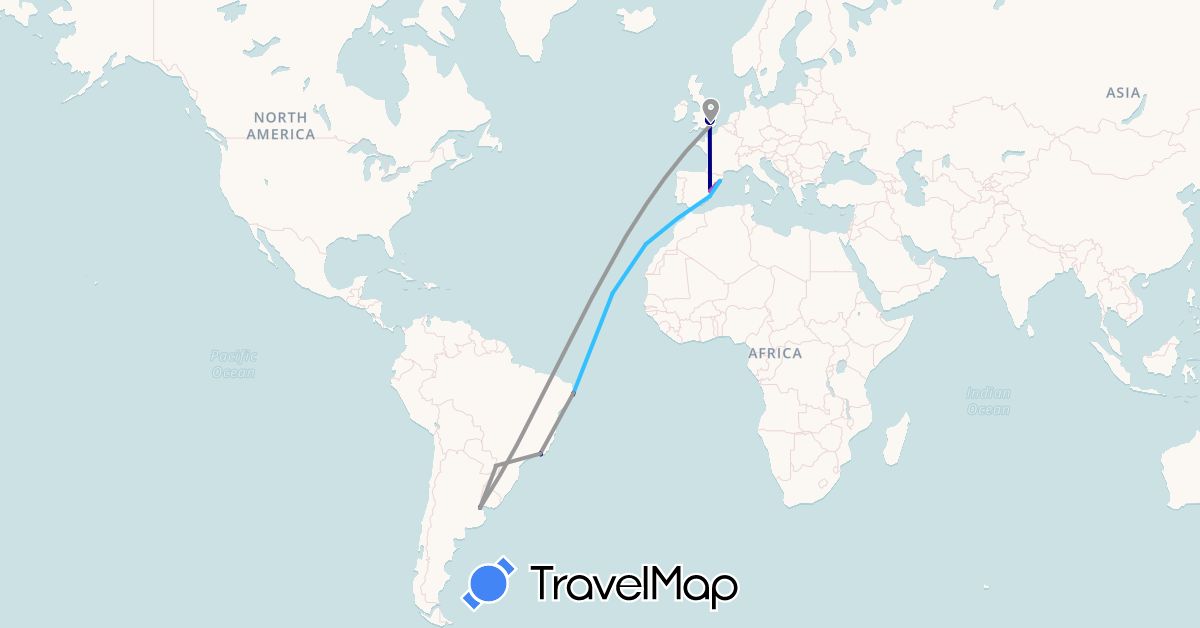 TravelMap itinerary: driving, bus, plane, train, boat in Argentina, Brazil, Cape Verde, Spain, United Kingdom (Africa, Europe, South America)
